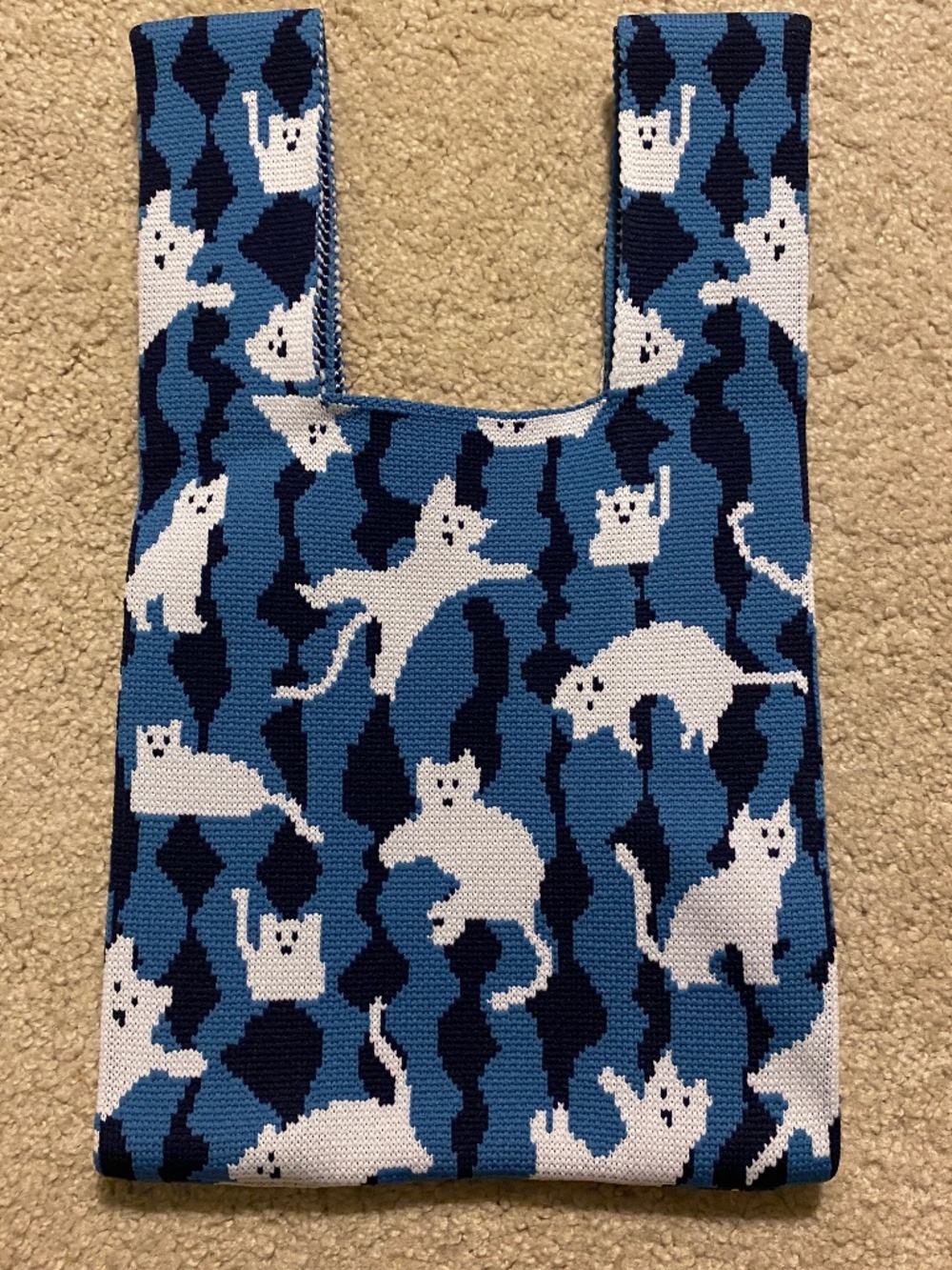Mini Woven Lunch/Shopping Bag-Two Tone Blue with White Cats-New